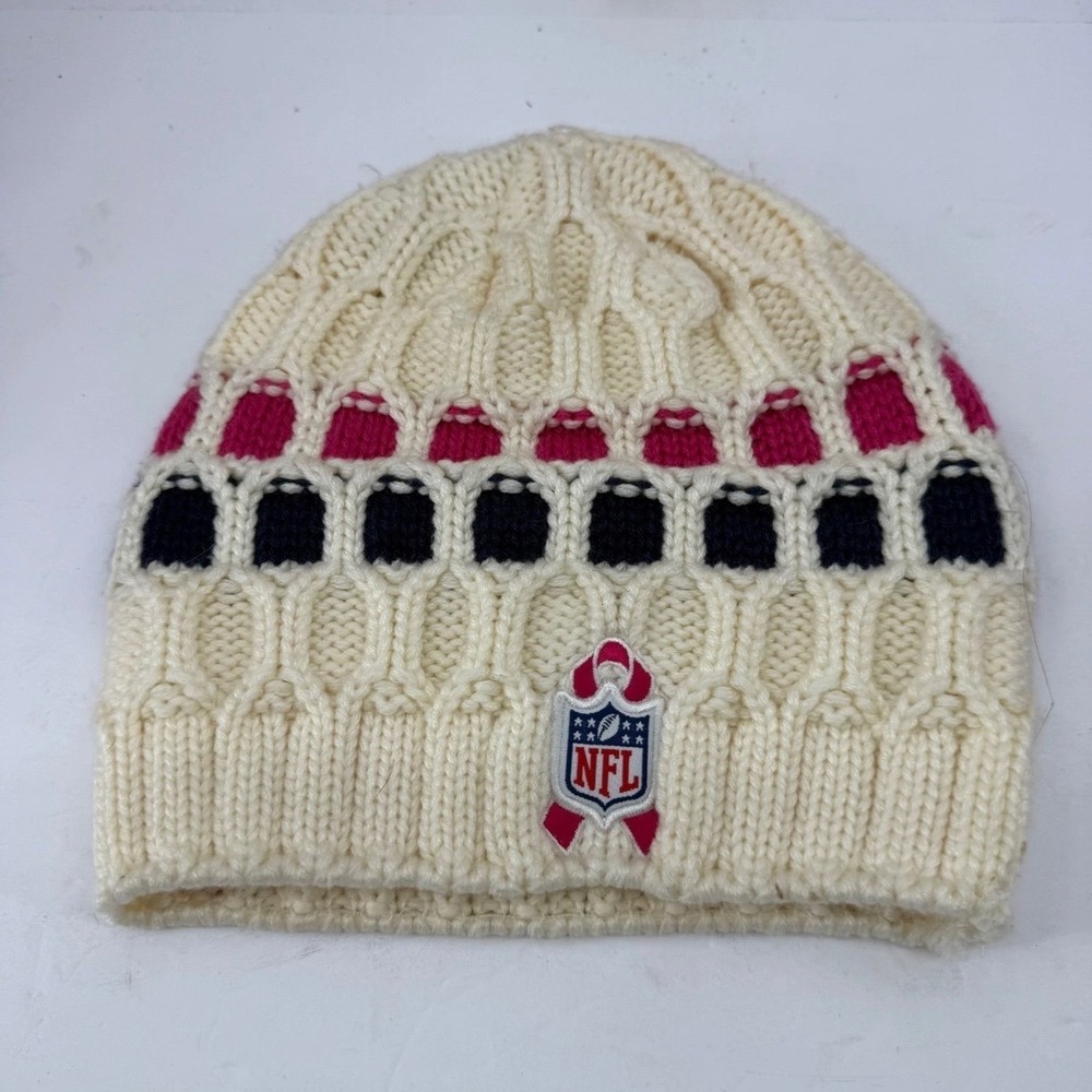 Reebok Beanie Womens Patriots Breast Cancer Awareness Knit Ivory Pink Navy